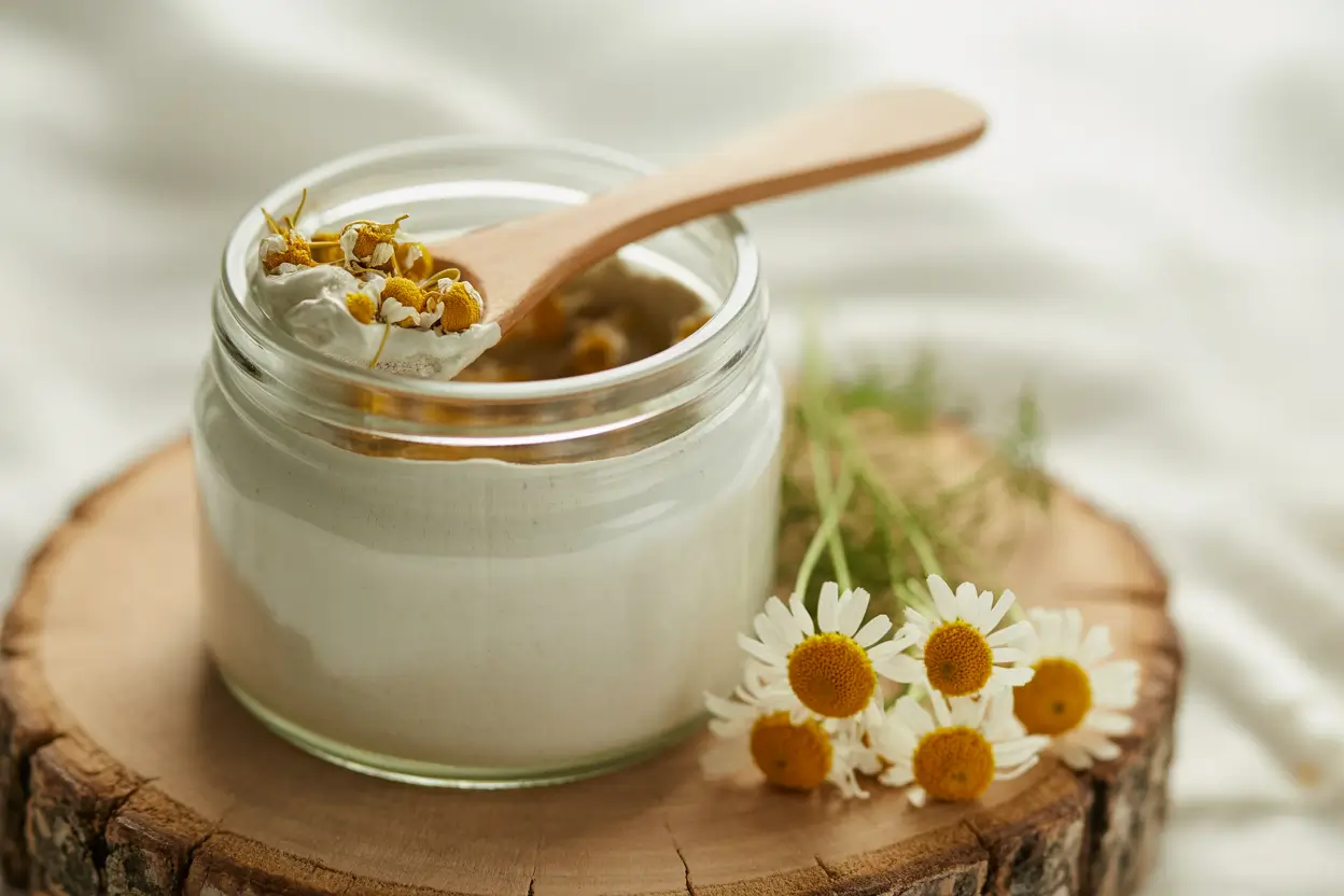 Маска из белой глины с ромашкой